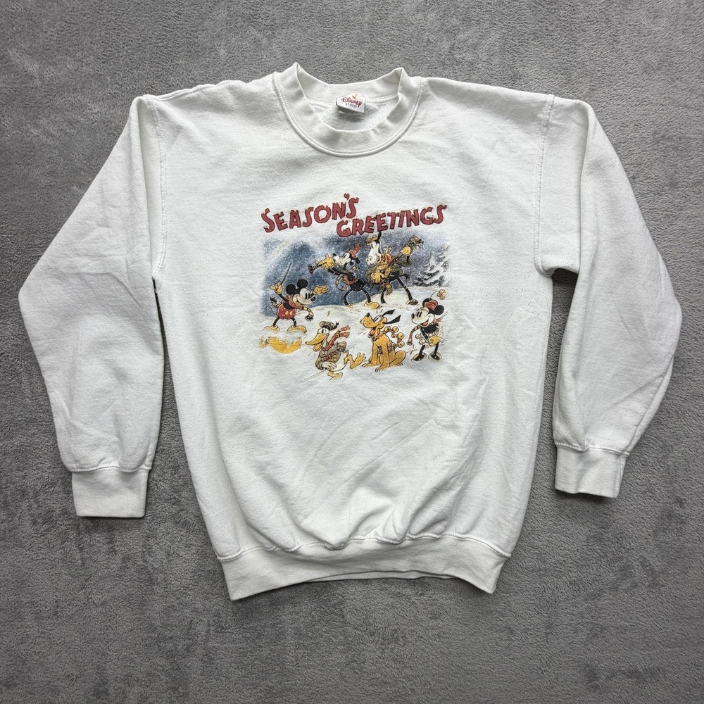 Disney‎ Store Sweatshirt Mens M White Pullover Graphic Seasons Greetings Holiday
